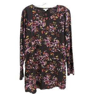 J Jill Brown Floral Layered Watercolor Tunic Top Long Sleeve Sz L Cotton Blend